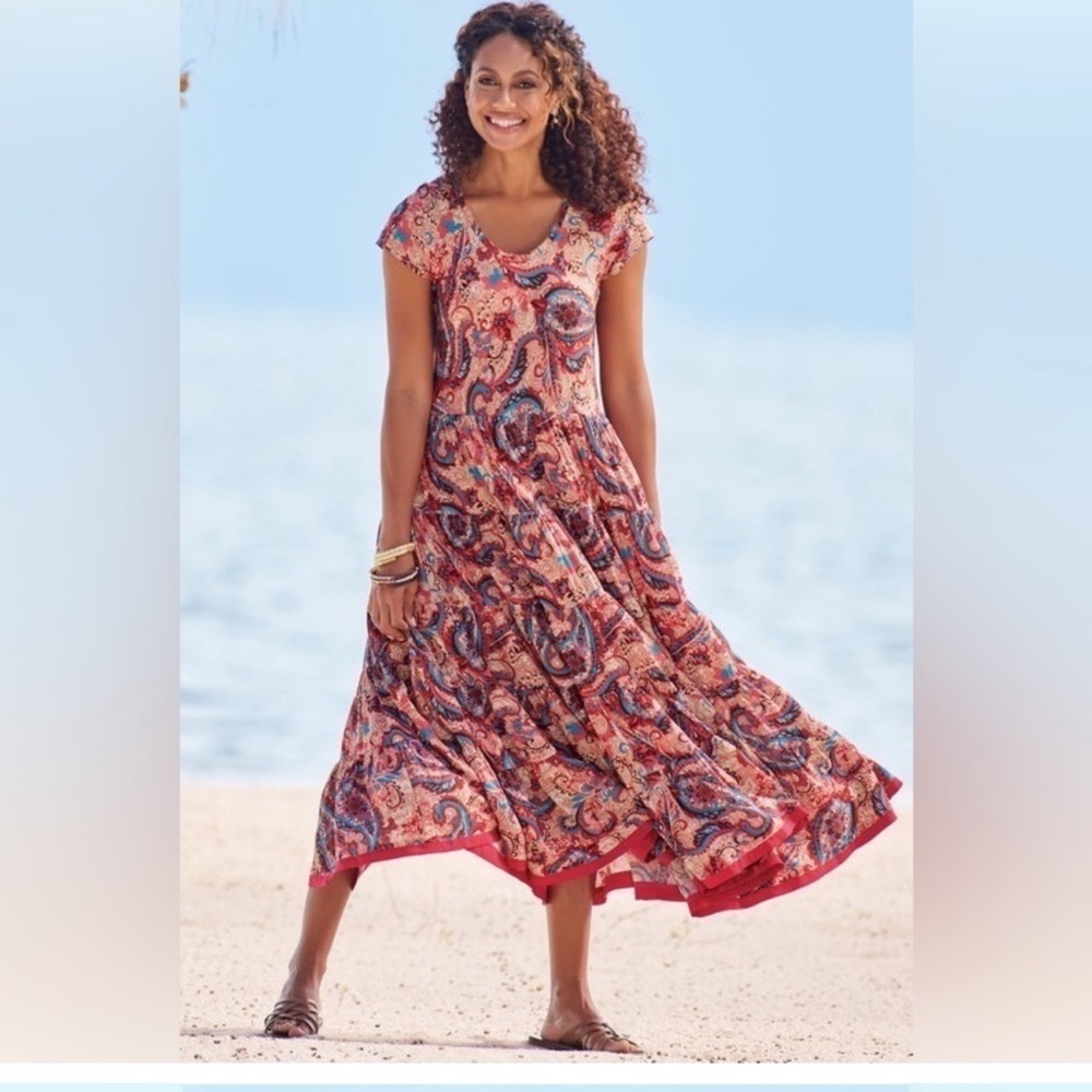 Soft Surroundings Kara Maxi Dress Short Sleeve Tiered Framboise Paisley, Medium - Picture 2 of 15
